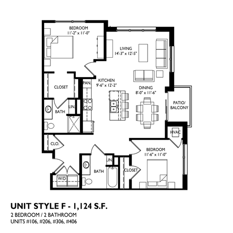 Floor plan for 2 beds, 2 baths, 1124 sqft